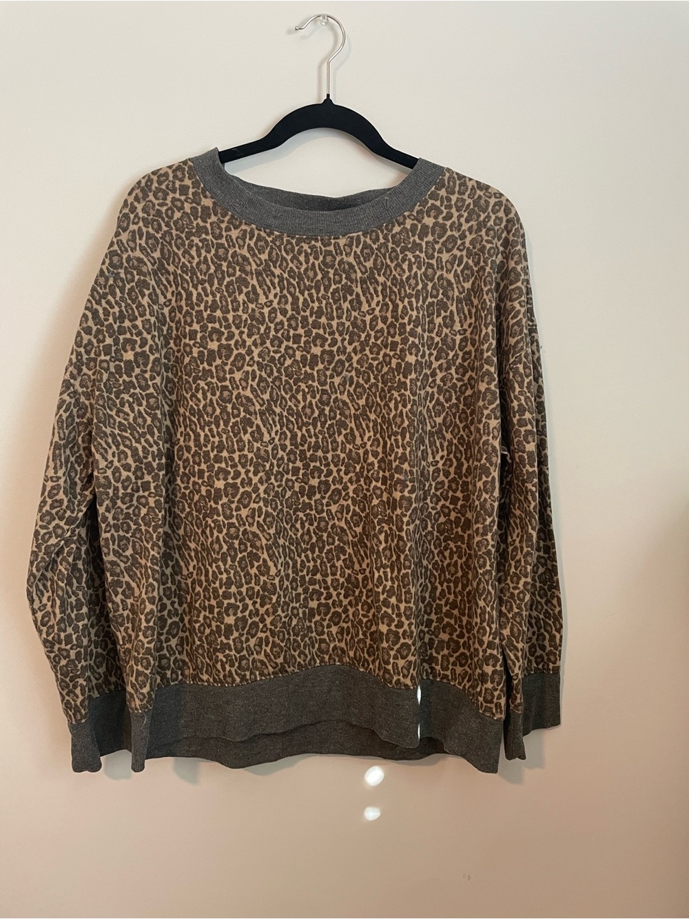 Leopard Print Crewneck Sweater in Brown and Gray